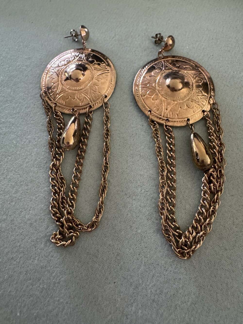 Gold Tone Medallion Earrings Boho Chic 4”dangling